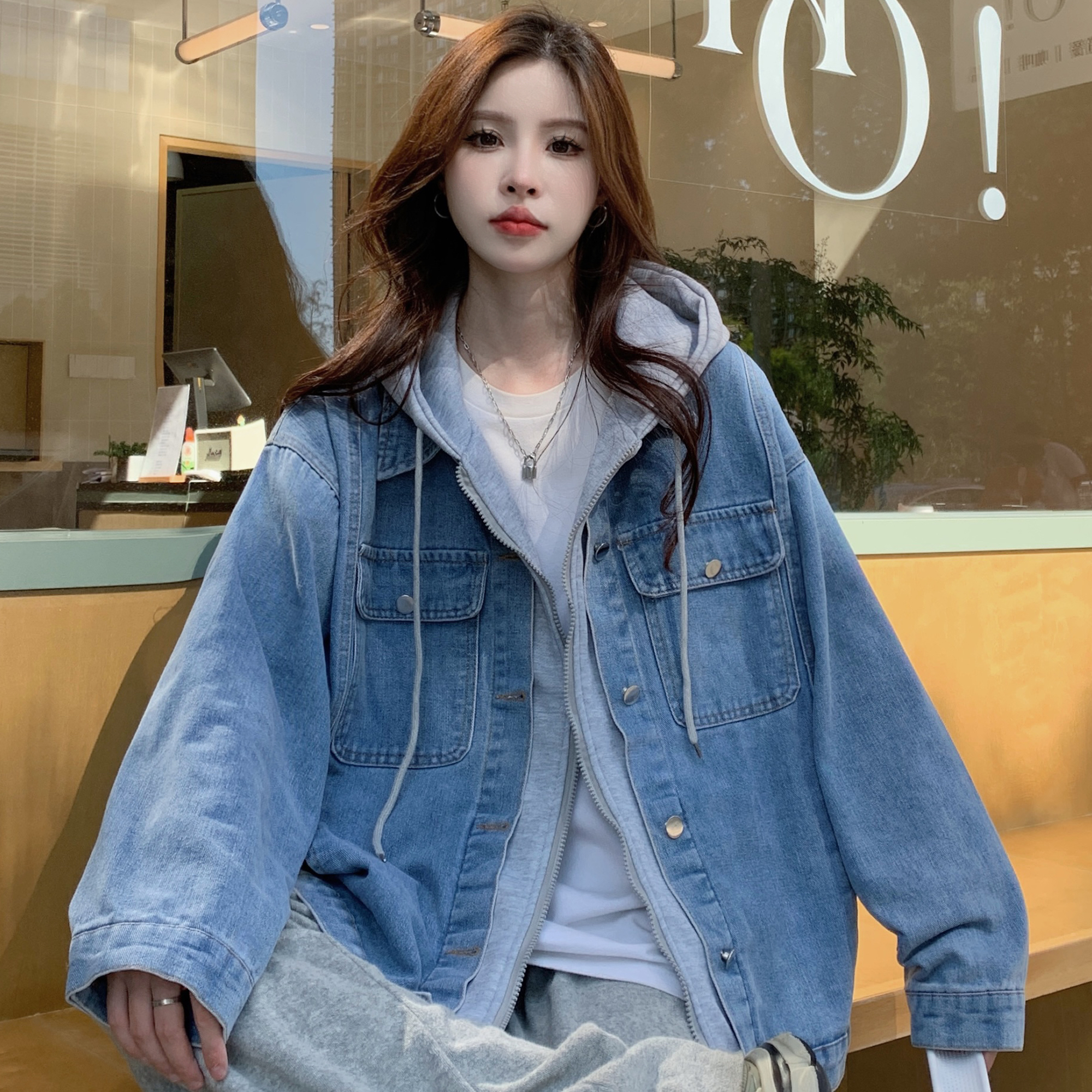 가짜 투피스 데님 재킷 소녀의 봄과 가을 12 중학생 느슨한 캐주얼 후드 자켓 15 세