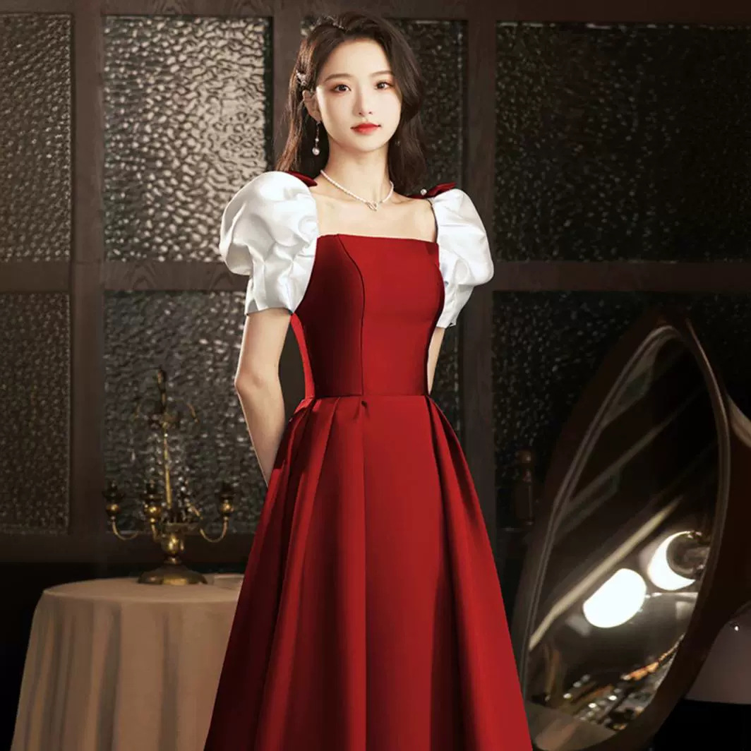 Satin Toast Dress for the Bride, Burgundy Spring Wedding Dress, Can Be Worn Casually, French Engagement Dress for Women, High-End