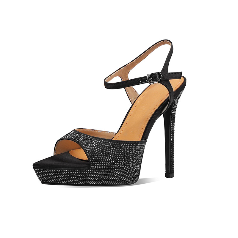 Sandal cao gót nữ mũi nhọn hở ngón, quai một chữ khóa, gót siêu cao 12 cm, đính đá lấp lánh — Màu đen (12 cm)