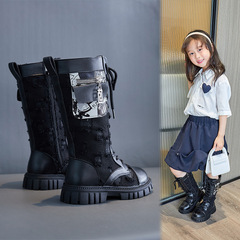 Trendy girls' boots autumn and winter single boots children's mid-high boots new Korean style canvas school bag British style