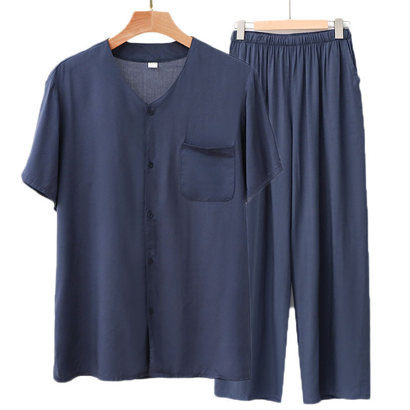 Cotton Silk Short-sleeved Cardigan Men's Middle-aged Pajamas Men's Summer Thin Summer Artificial Cotton Home Wear Trousers Two-piece Set Cotton Silk Short-sleeved Cardigan Men's Middle-aged Pajamas Men's Summer Thin Summer Artificial Cotton Home Wear Trousers Two-piece Set