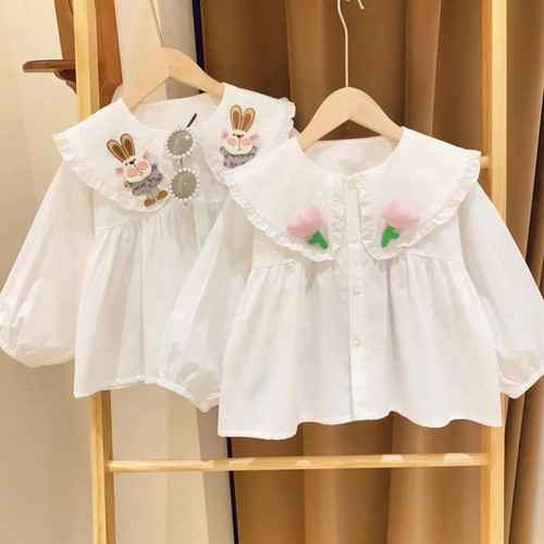 女童小兔子衬衫2024秋新款童装儿童白色衬衣娃娃领上衣宝宝娃娃衫