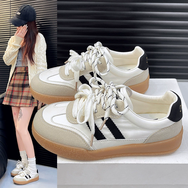 Женские кроссовки в полоску, весна 2025, новая мода, универсальные спортивные повседневные низкие кеды с цветными блоками и двойной шнуровкой, белые.