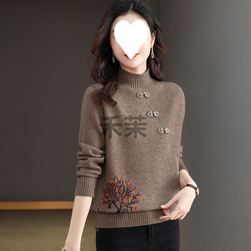 M 중국식 어머니의 가을과 겨울 새로운 중년 여성 스웨터 서양식 자수 니트 베이스 셔츠 하프 하이 칼라