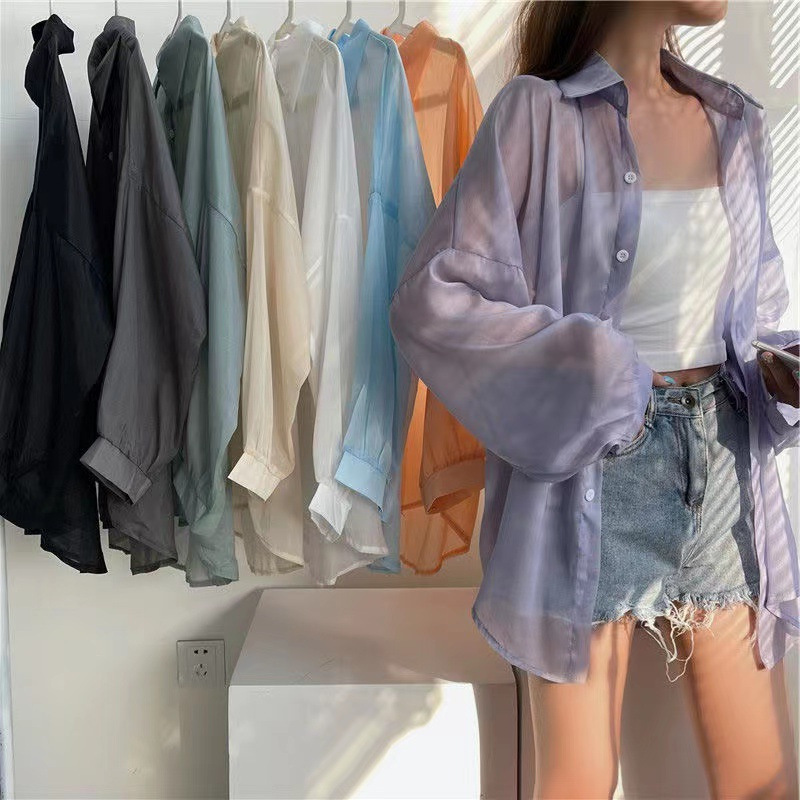Pearlescent Shiny Yarn Women's 2026 Summer Design Thin Semi-Transparent Long-Sleeve Unique Casual Loose Shirt Pearlescent Shiny Yarn Women's 2026 Summer Design Thin Semi-Transparent Long-Sleeve Unique Casual Loose Shirt