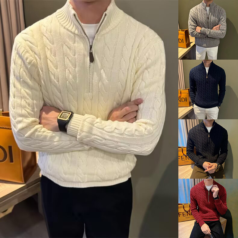 New autumn and winter POLO knit sweater for men, old money style, half-zip, cable knit texture, cross-border factory wholesale New autumn and winter POLO knit sweater for men, old money style, half-zip, cable knit texture, cross-border factory wholesale