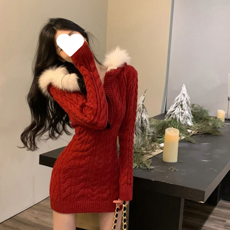겨울 패션 세트 여성의 2024 새로운 크리스마스 셔츠 빨간 후드 베이스 니트 원피스 엉덩이 스커트