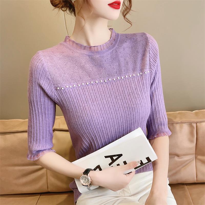 2026 Spring/Summer New Sweet Mid-Sleeve Base Shirt Women's Sweater Round Neck Thin Lace Knitted Top
