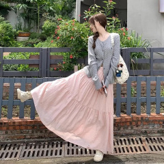 優しい風のピンクの半身のスカートの女性は甘くて年齢を減らして腰を収めてやせています。