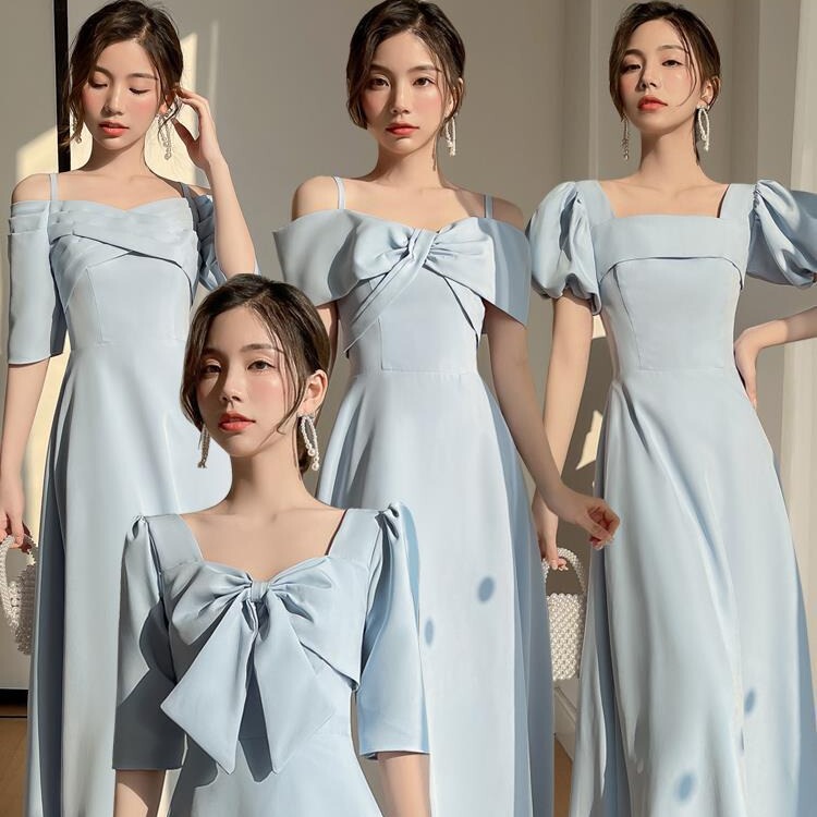 Blue Bridesmaid's Dress Satin High-end Sense Niche Summer Sisters Group Graduation Dress Fairy Temperament Usually Wear Slim