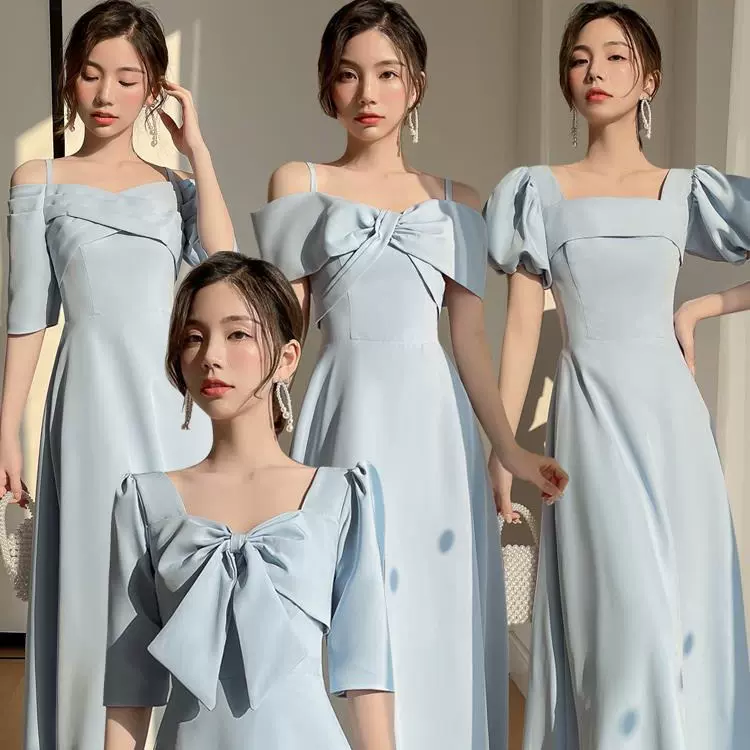 蓝色伴娘服缎面高级感小众夏季姐妹团毕业礼服仙气质平时可穿显瘦