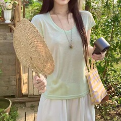 軽くて通気性の良いTシャツ レディース 夏 薄手 韓国風 やや透け感 ピュアでセクシーな雰囲気 トレンド 半袖トップス 韓国風トレンド