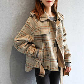 双面羊绒大衣女短款小个子宽松显瘦格子2026春秋季羊毛呢外套