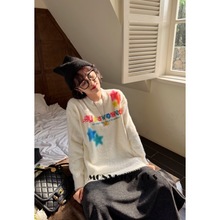 韩系慵懒风涂鸦星星毛衣女秋冬季学院软糯小个子水貂绒高级感上衣