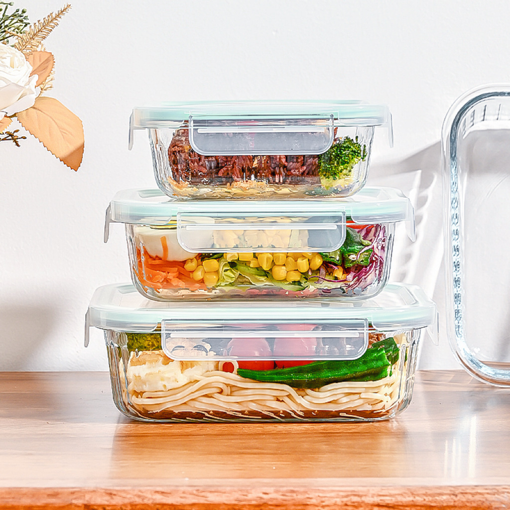 Caja de almuerzo de rayas verticales, calentamiento de microondas, tazón especial para empleados de oficina con caja de almuerzo, caja de almacenamiento de vidrio, caja de mesa, cubiertos