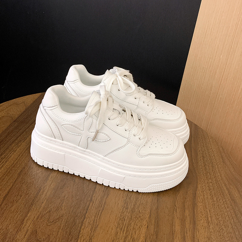 Zapatos de plataforma de punta redonda de cuero para mujer 2025 nuevo estilo de plataforma con cordones zapatos blancos deportivos y de ocio