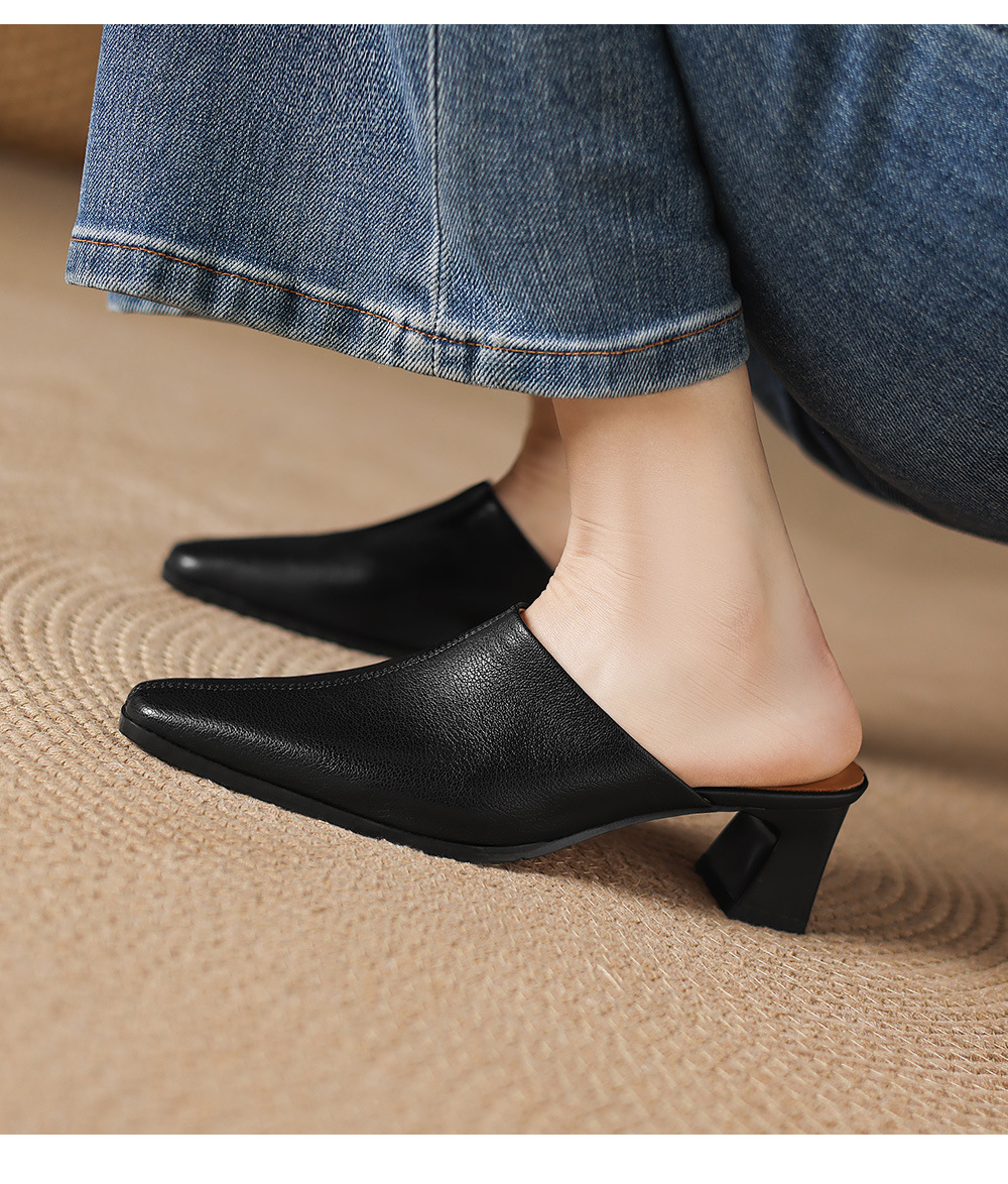 Giày sandal cao gót nữ hở mũi da bò gót thô 5 cm — đen chi tiết 16