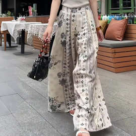 2025夏季新款复古简约国风印花阔腿裤水墨画飘逸垂感显瘦休闲裤潮