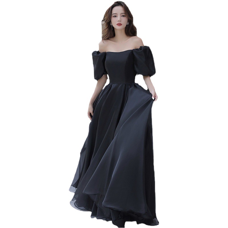Vestido de noche negro para mujer, estilo nuevo de otoño 2025, manga abullonada, satén, para anfitriona de reunión anual, pasarela