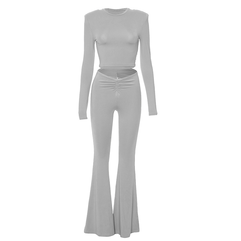Women Clothing Summer Solid Color Padded Shoulder Long Sleeve Top High Waist Trousers Set