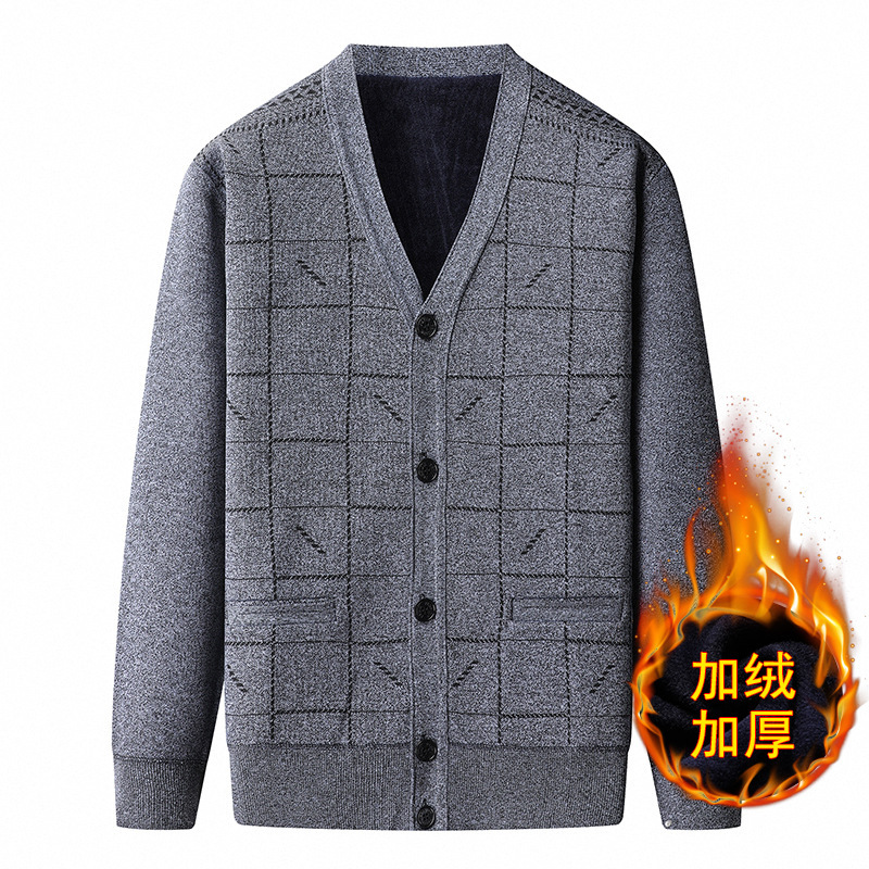 Men's Middle-aged and Elderly Fleece-lined Thickened Sweater Cardigan Old People's Grandpa Knitted Sweater Jacket Loose Large Size Warm Dad's Clothes