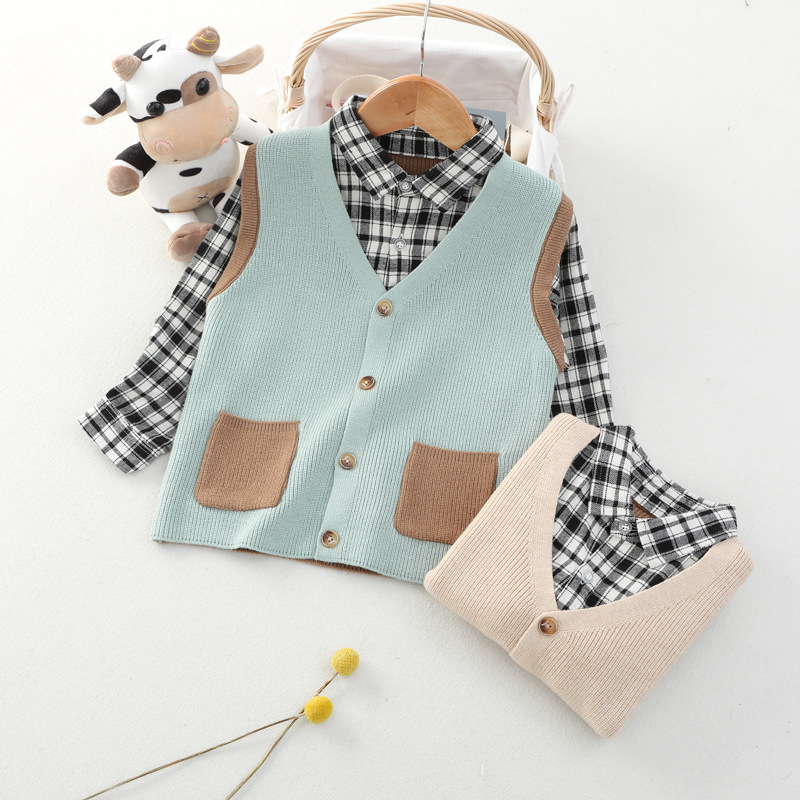 儿童新款春秋假两件寸衫毛衣 男童小口袋拼色寸衫领+针织毛线马甲