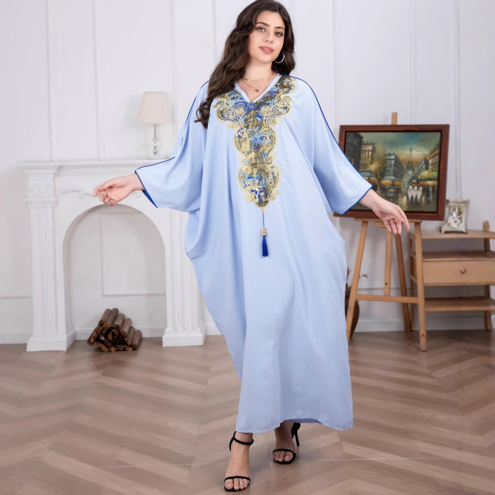Indonesian-Middle Eastern Cross-border Women's Robe With V-neck, Embroidery, And Tassels, Elegant Arabic Robe,_ecoleips.com