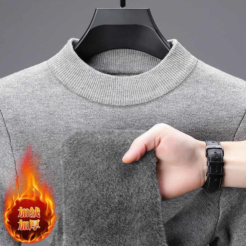 Winter New Thickened Fleece Sweater with Integrated Fleece, Half-High Collar, Men's Casual Warm Base Knit Sweater