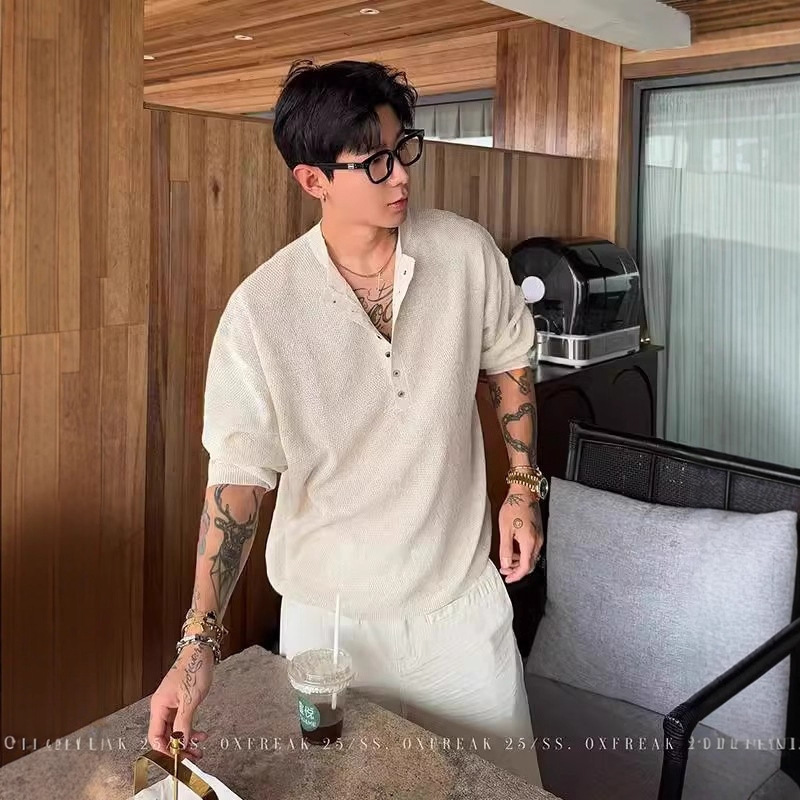 Old Money Style Henry Collar Pleated Long-Sleeved T-Shirt Men's Summer High-End Loose Lazy Style Casual V-Neck Bottoming Top