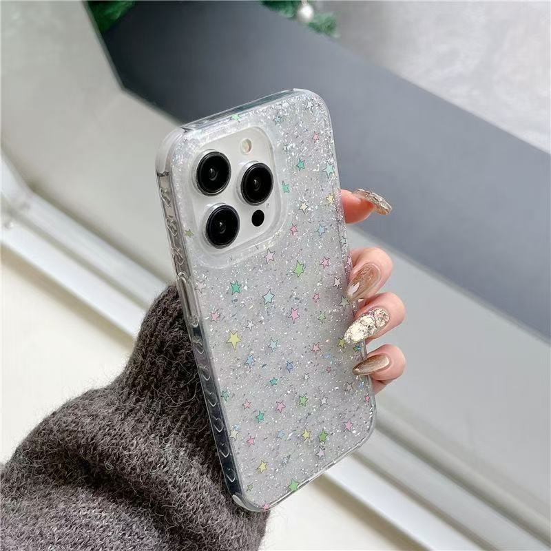 Lámina de plata de doble capa, estrellas de colores finas y destellos para iPhone 16promax funda para teléfono móvil 15 Apple 14 nuevo estilo 13 mujer