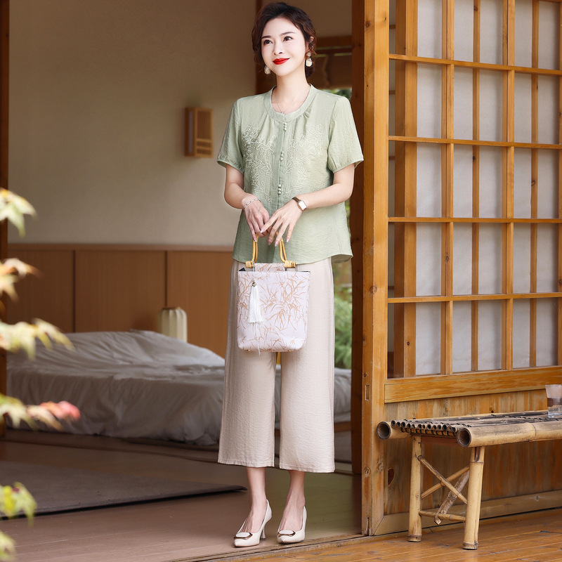 Mother's Day Mother's Suit Summer suit New Chinese Style National Style Shirt for Middle-aged and Elderly Women Summer Western Style Two-piece Suit