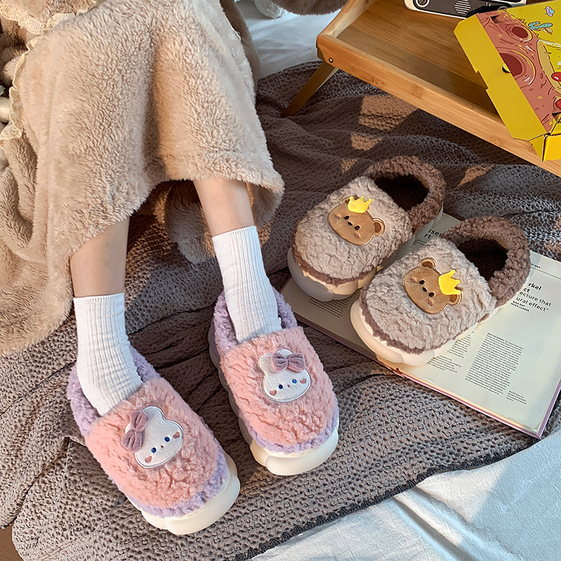 Zapatillas de algodón para mujeres Otoño e Invierno pareja hogar cálido forro polar peludo lindo fondo grueso antideslizante posparto confinamiento zapatos de algodón para hombres