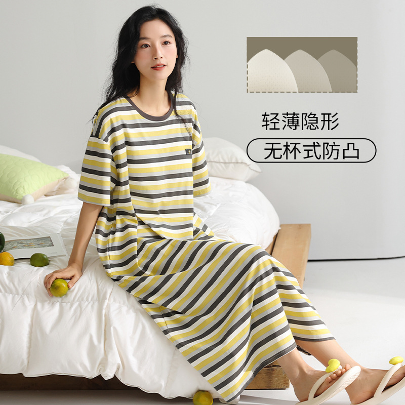 女性用胸パッド付きナイトガウン、夏用半袖プルアップフレーム、涼しい綿の薄い女の子用、甘いブラジャーなし、家着として着用可能|undefined