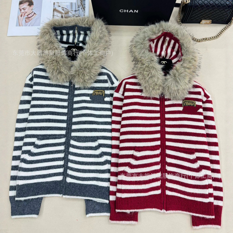 深圳南油货M家～高版本 25早秋新款 条纹毛领针织长袖开衫