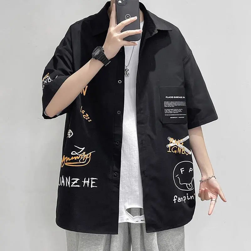 Japanese-style Hong Kong-style Shirt Men's Ins Summer Casual All-match Short-sleeved Graffiti Printed Trendy Shirt Short-sleeved Trendy Jacket