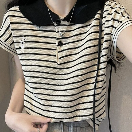 Женский летний трикотажный пуловер с французскими лацканами, ретро-полосками и короткими рукавами, модный трикотажный топ 2025 года