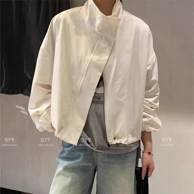 European 2025 Spring New Style Collar Loose Drawstring Loose Outdoor Sunscreen Short Coat for Small Women