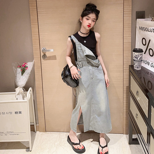 Girls denim suspender skirt summer long 2024 new Korean version loose high waist college style retro slit long skirt