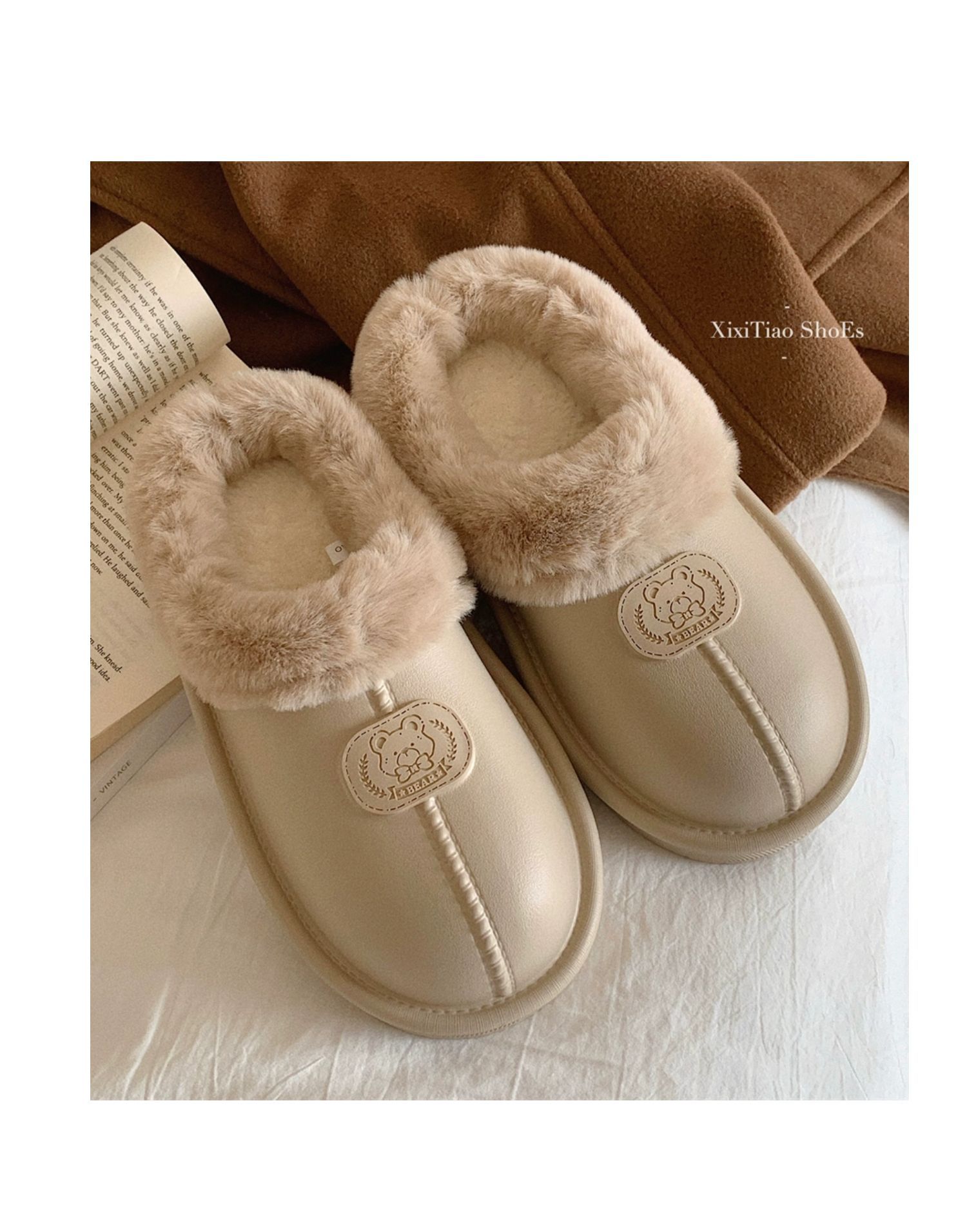 Korėjietiško stiliaus madingi drabužiai viduje ir lauke su pašiltinimu ir patogiomis medvilninėmis šlepetėmis, pliušiniu minkštu padu, paprasti_voghion.com