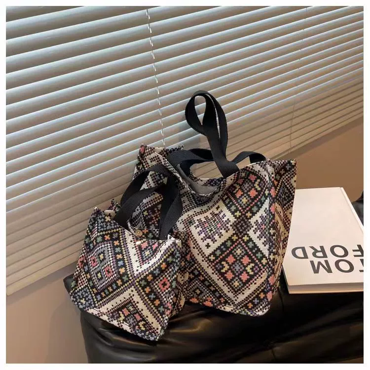 Capacious ethnic one-shoulder bag for students - woven geometric pattern, adjustable strap, blue