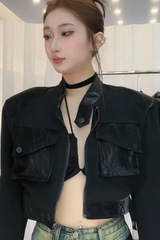 韩版美式复古高级感辣妹拼皮立领镂空露背修身显瘦夹克短外套女潮