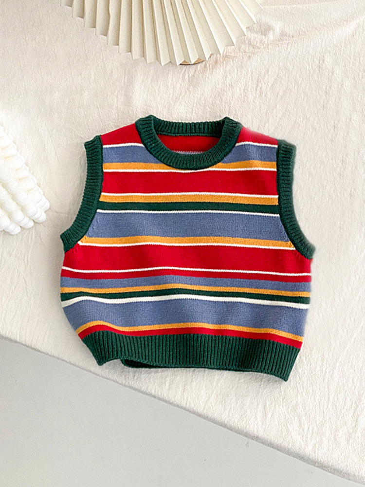 Chaleco para niños, ropa de primavera y otoño, suéter de estilo extranjero, cuello redondo, estilo universitario, tendencia retro, suéter a rayas para hombres y mujeres, tendencia