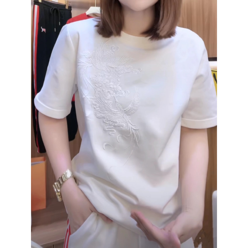 中国風重工業刺繍半袖コットン Tシャツ女性のための春と夏の新しいデザインルーズで多用途なラウンドネックボトリングシャツトレンディ|undefined