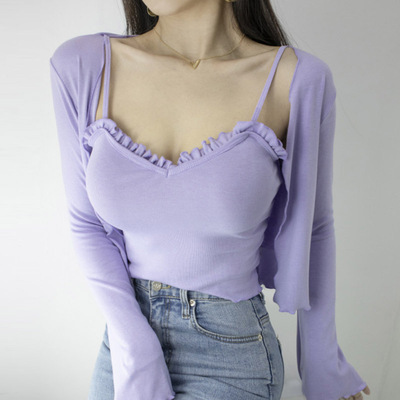 Korean Women 2021 Spring new pattern violet sexy figure fold Wood ear camisole Piece cardigan