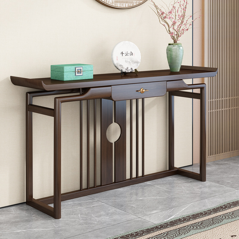 New Chinese-Style Entrance Table, Solid Wood Walnut Color Console, Entryway Foyer Rack, Light Luxury Chinese-Style Old Elm Wood
