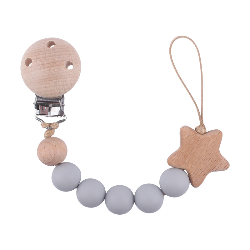 Nuevo bebé haya chupete clip calmante bebé cuentas de silicona estrella de haya de dibujos animados cadena de chupete cadena anti-gota