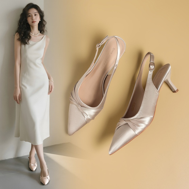 Giày cao gót nữ mũi nhọn chất liệu satin phong cách Pháp, gót nhỏ, cổ thấp — IE90 Hạnh