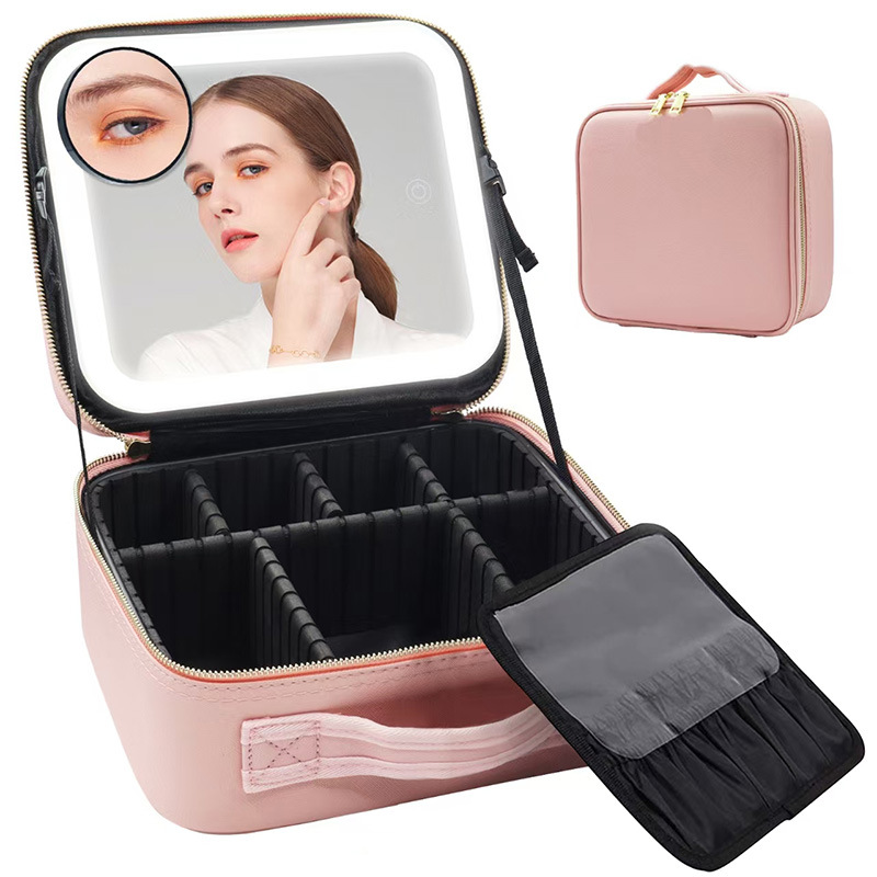 Nuevo bolso de maquillaje profesional portátil de gran capacidad con bolsa de cosméticos de PU ligera 4K superficie de vidrio HD personalizado al por mayor