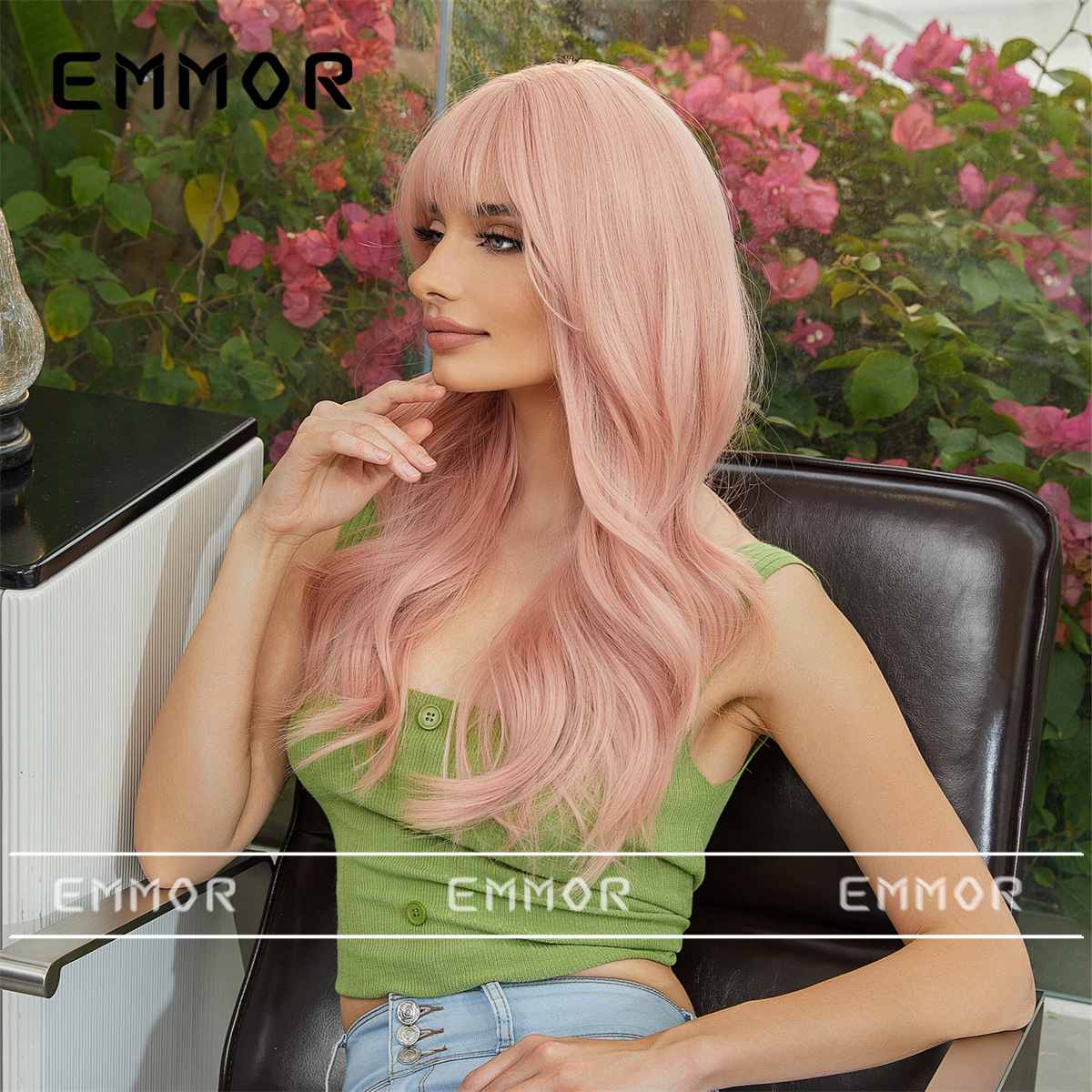 Emmor Internet celebridad pomelo rosa femenina grupo pelo Color peluca hembra recta Bangs largo pelo rizado natural alta temperatura resistente cubierta de la cabeza completa