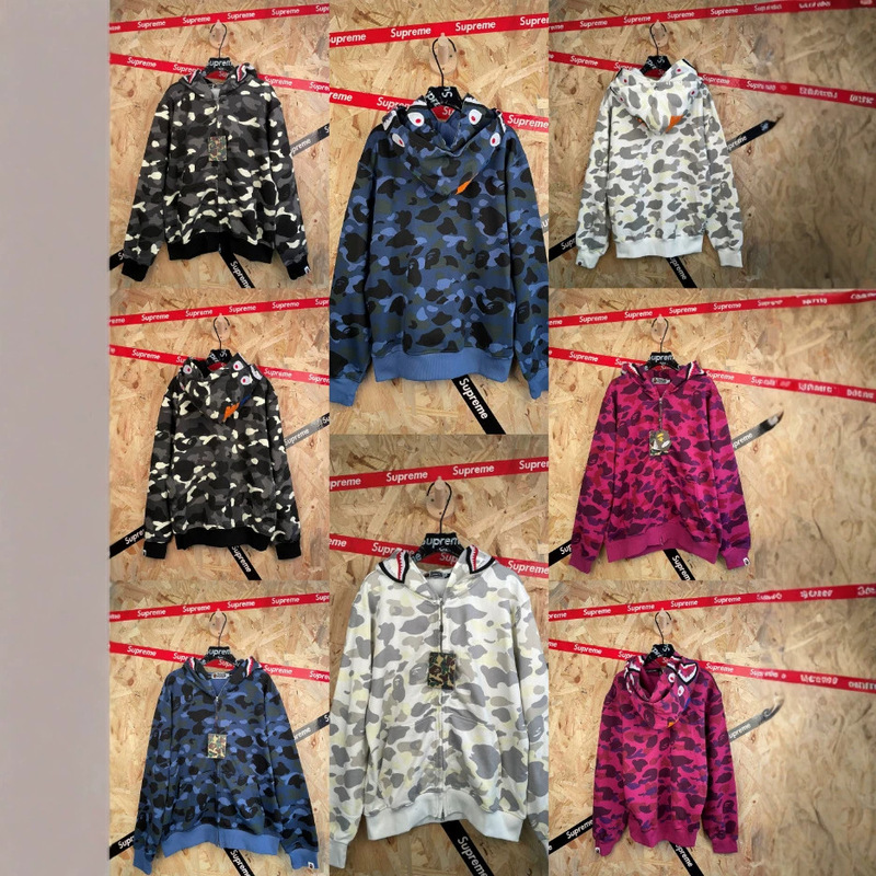 Japanese-style trendy camouflage shark head hooded sweatshirt, unisex loose-fitting zip-up jacket, multi-color couple's top Japanese-style trendy camouflage shark head hooded sweatshirt, unisex loose-fitting zip-up jacket, multi-color couple's top